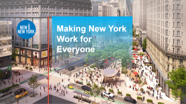 Cover of the New New York Panel Action Plan showing a rendering of Greeley Square Park in Manhattan