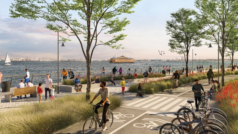 People enjoy St. George Esplanade by the waterfront with walking and biking paths. Bicycles are parked nearby, and Staten Island Ferry is seen on the water. Trees and grassy areas surround the scene, with an NYC skyline visible in the distance. People enjoy St. George Esplanade by the waterfront with walking and biking paths. Bicycles are parked nearby, and Staten Island Ferry is seen on the water. Trees and grassy areas surround the scene, with an NYC skyline visible in the distance.