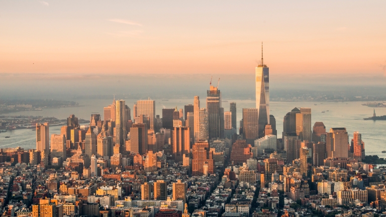 Aerial shot of Lower Manhattan at sunrise