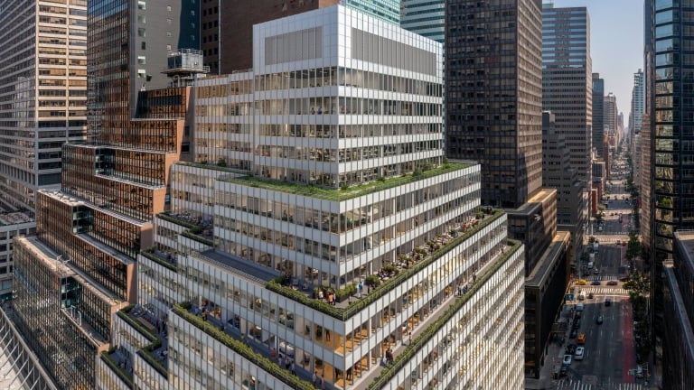 A modern, multi-tiered office building, named 850 Third Avenue, with terraces featuring green plants, surrounded by tall skyscrapers in a busy New York cityscape with streets and traffic visible below. A modern, multi-tiered office building, named 850 Third Avenue, with terraces featuring green plants, surrounded by tall skyscrapers in a busy New York cityscape with streets and traffic visible below.