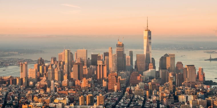 Aerial shot of Lower Manhattan at sunrise
